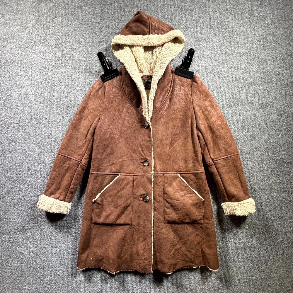 Lauren Ralph Lauren Faux Shearling Suede Coat Women XS Brown Sherpa Lined Hooded